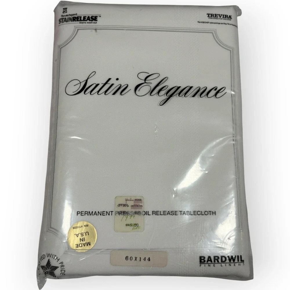 Vtg Bardwil Satin Elegance White Tablecloth 60x144 Oblong Stain Release USA